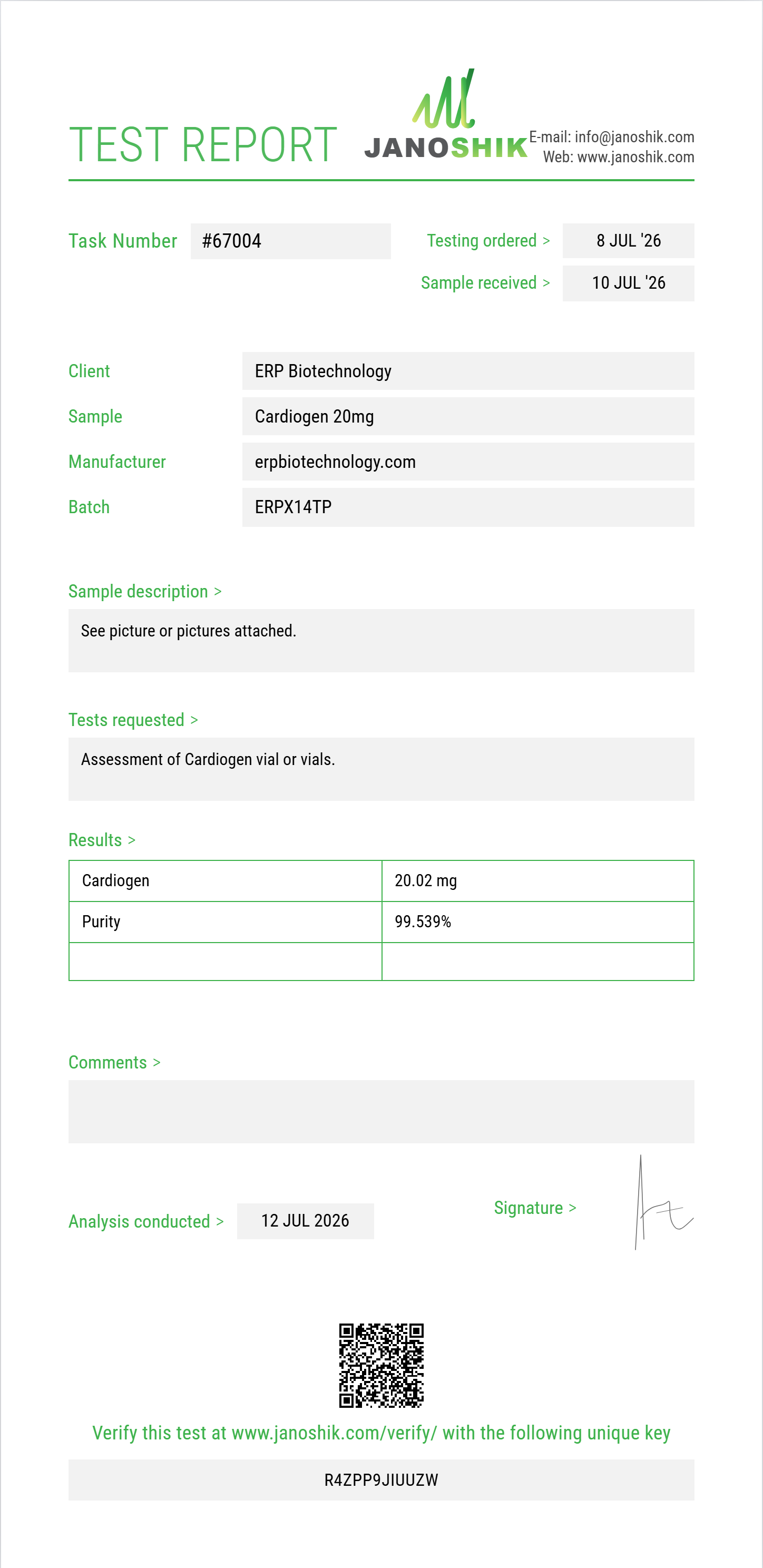 Cardiogen Purity (HPLC) report by Janoshik Analytical