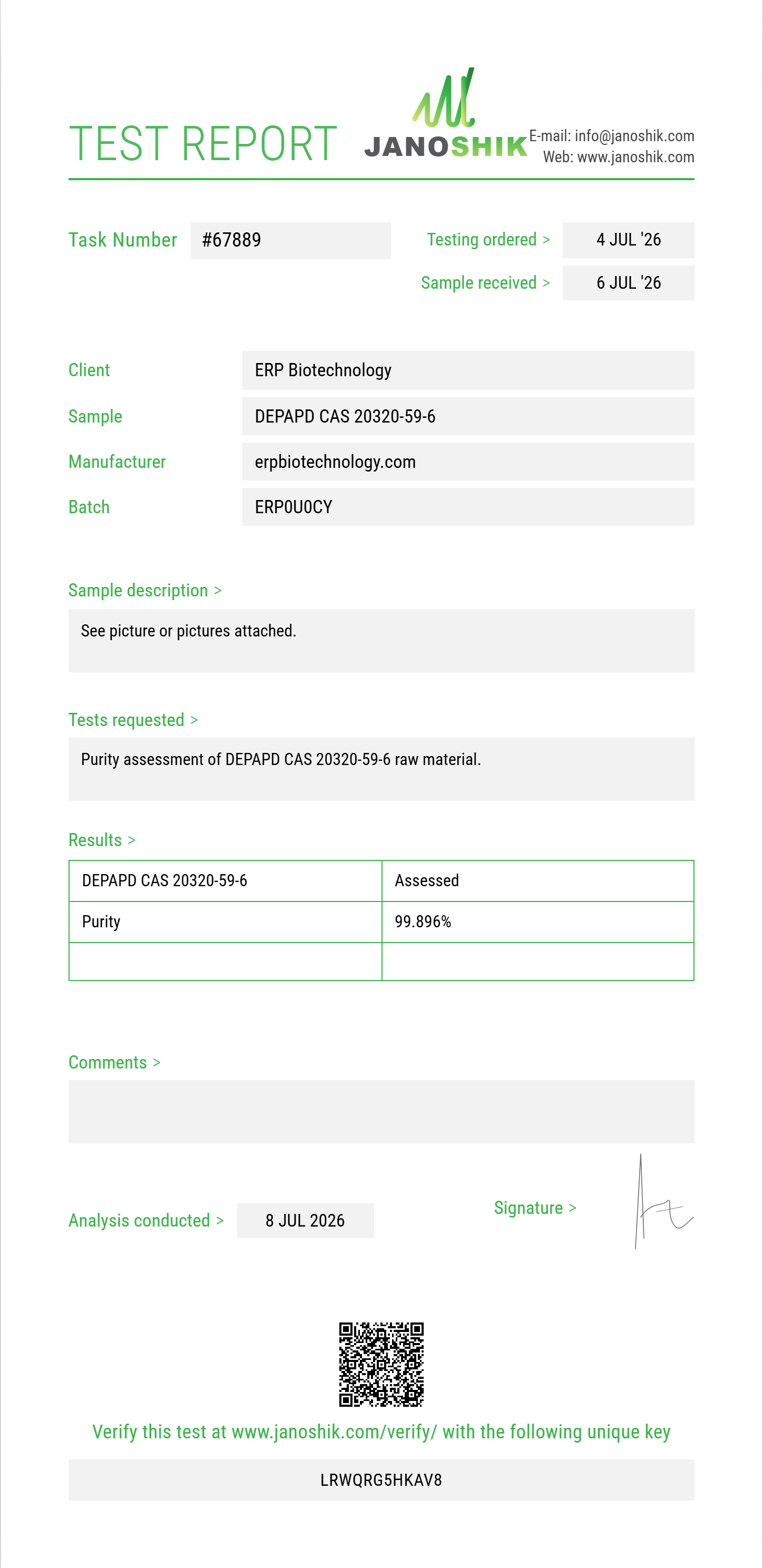 DEPAPD (diethyl phenylacetylpropanedioate) CAS 20320-59-6 Purity (HPLC) report by Janoshik Analytical